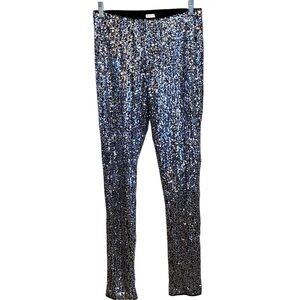 festive silver sequin legging statement pants .holiday attire , christmas pants